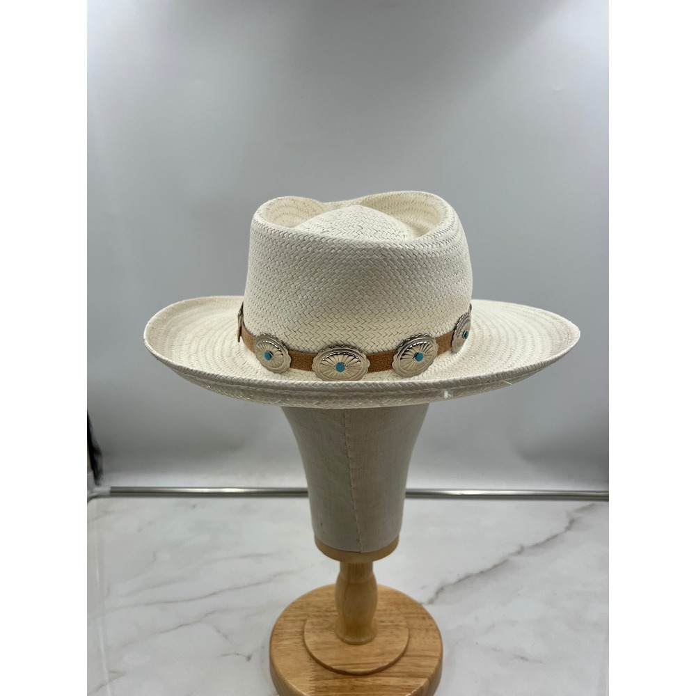 The Scala Collection White Straw Fedora Hat Western Concho Turquoise Medium USA - Picture 3 of 10